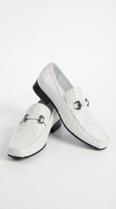 Men’s Los Altos White Caiman Belly Dress Shoes, Leather Sole Bit Loafers for Formal Wear
