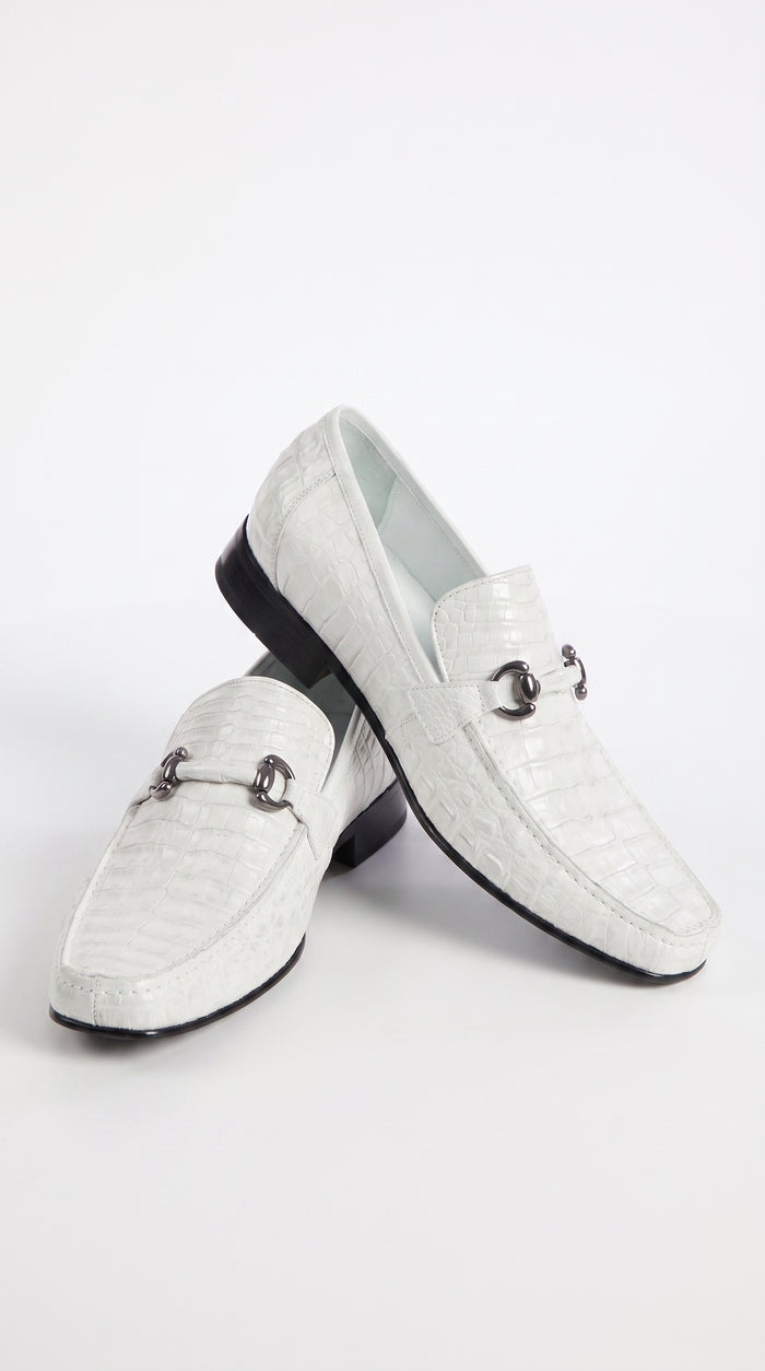 Men’s Los Altos White Caiman Belly Dress Shoes, Leather Sole Bit Loafers for Formal Wear
