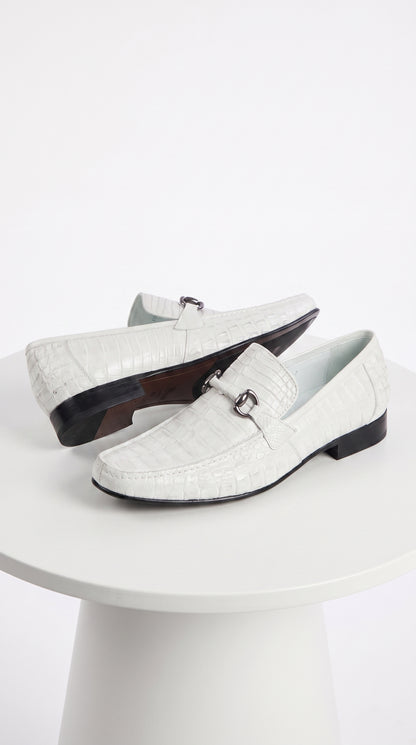 Men’s Los Altos White Caiman Belly Dress Shoes, Leather Sole Bit Loafers for Formal Wear