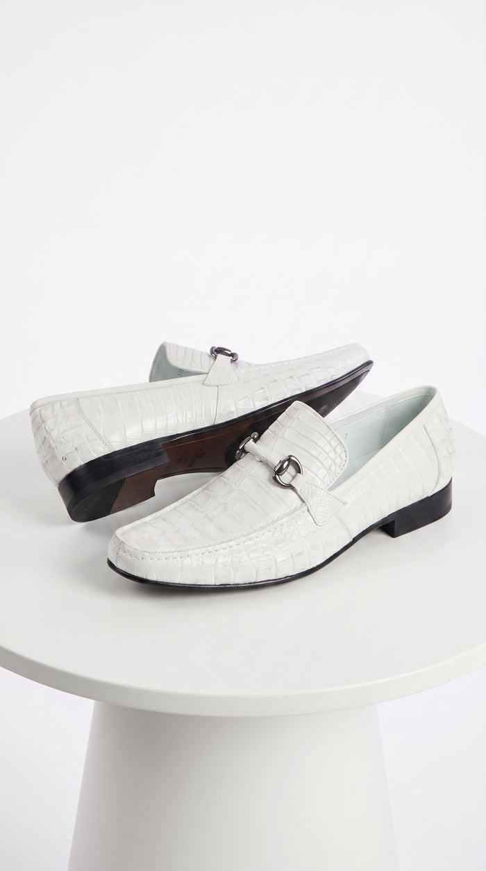 Men’s Los Altos White Caiman Belly Dress Shoes, Leather Sole Bit Loafers for Formal Wear