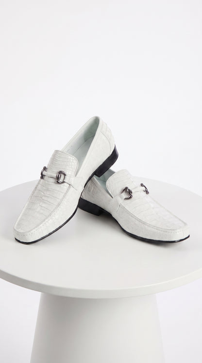 Men’s Los Altos White Caiman Belly Dress Shoes, Leather Sole Bit Loafers for Formal Wear