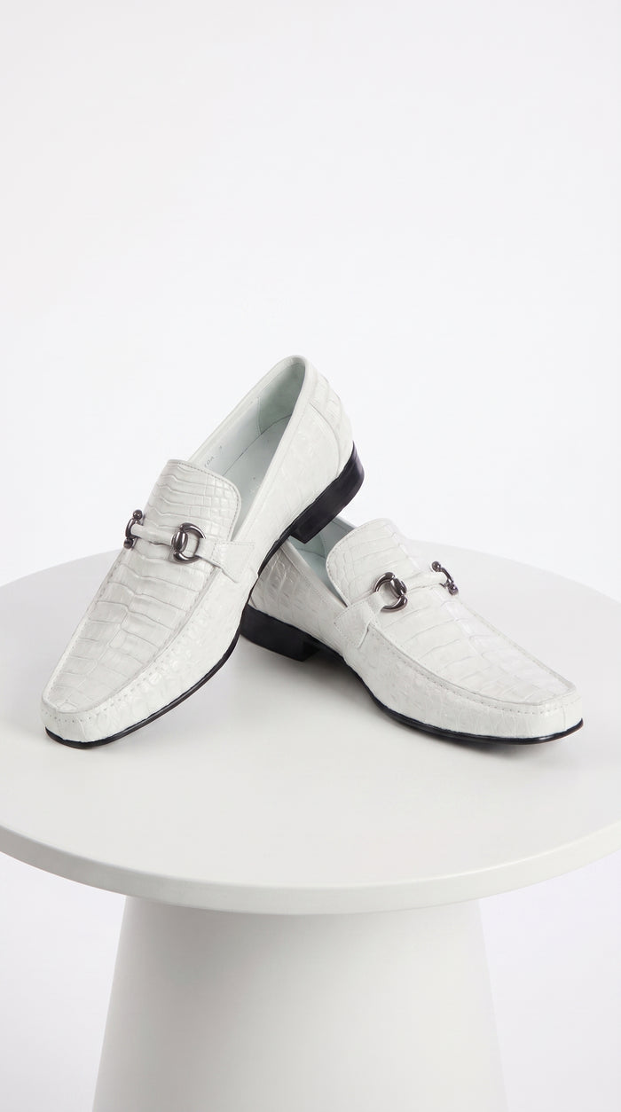 Men’s Los Altos White Caiman Belly Dress Shoes, Leather Sole Bit Loafers for Formal Wear