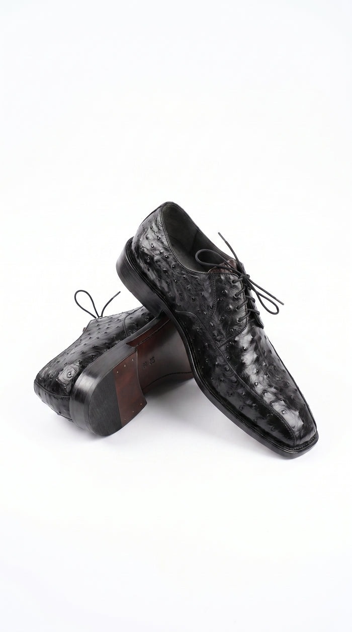 Men’s Los Altos Black Full Quill Ostrich Lace-Up Dress Shoes, Bicycle Toe Formal Shoes
