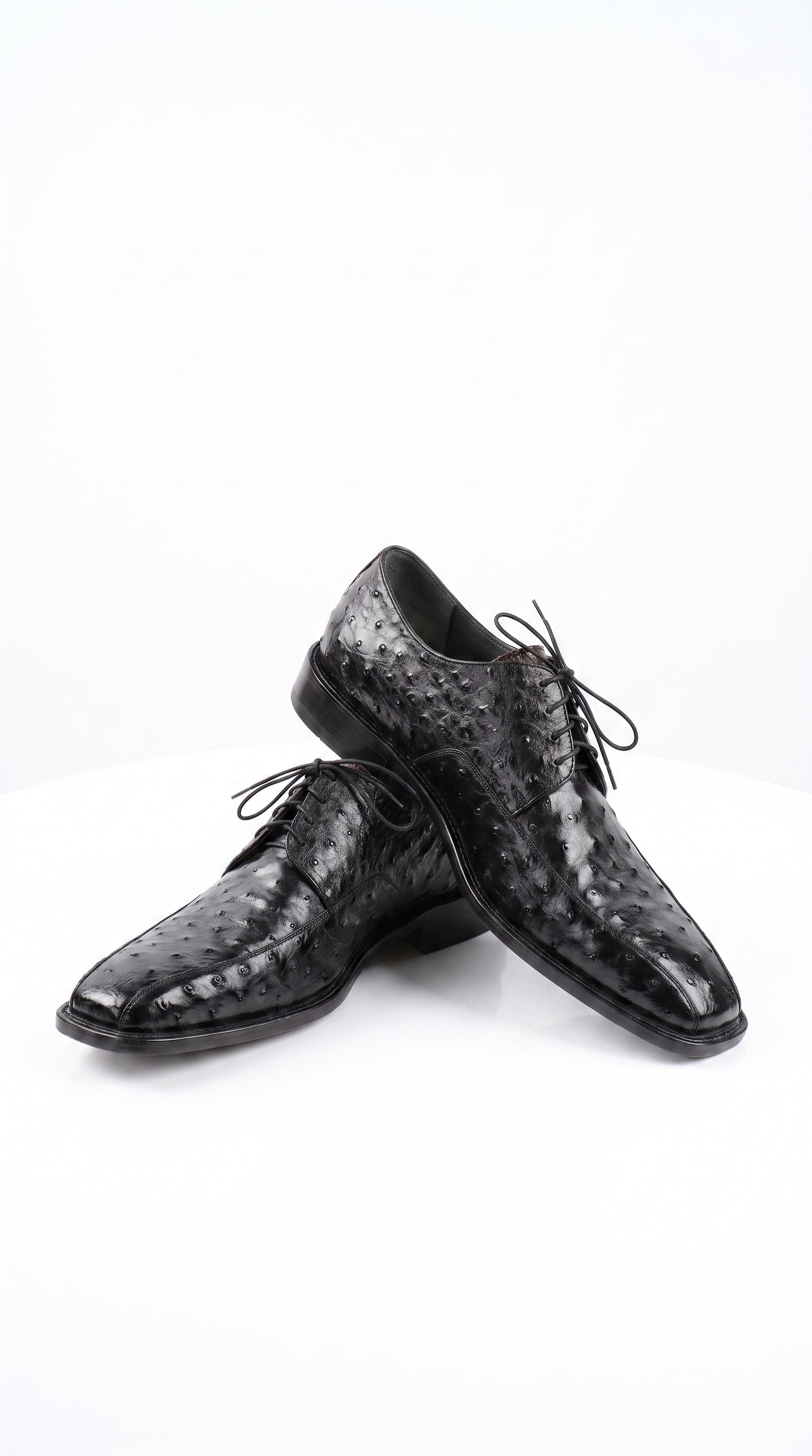 Men’s Los Altos Black Full Quill Ostrich Lace-Up Dress Shoes, Bicycle Toe Formal Shoes