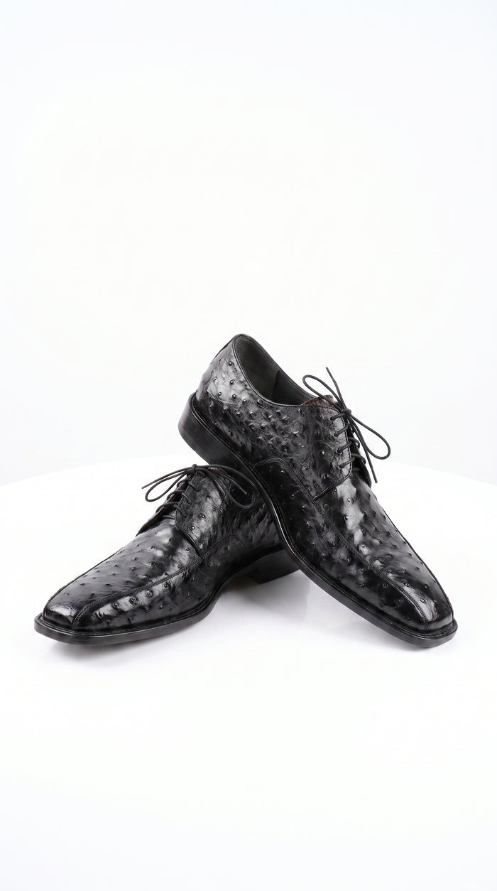 Men’s Los Altos Black Full Quill Ostrich Lace-Up Dress Shoes, Bicycle Toe Formal Shoes