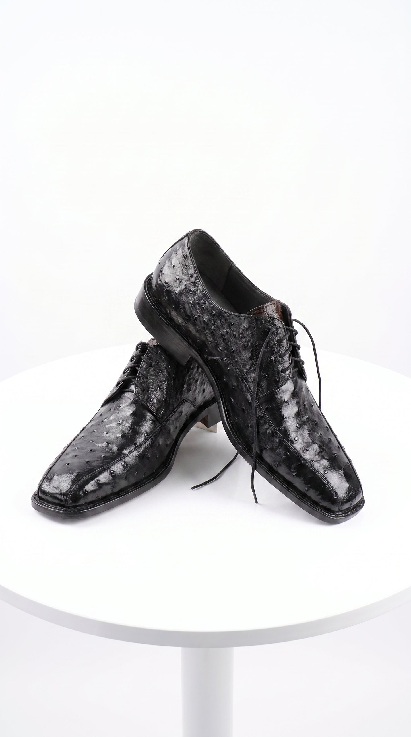 Men’s Los Altos Black Full Quill Ostrich Lace-Up Dress Shoes, Bicycle Toe Formal Shoes