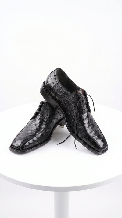 Men’s Los Altos Black Full Quill Ostrich Lace-Up Dress Shoes, Bicycle Toe Formal Shoes