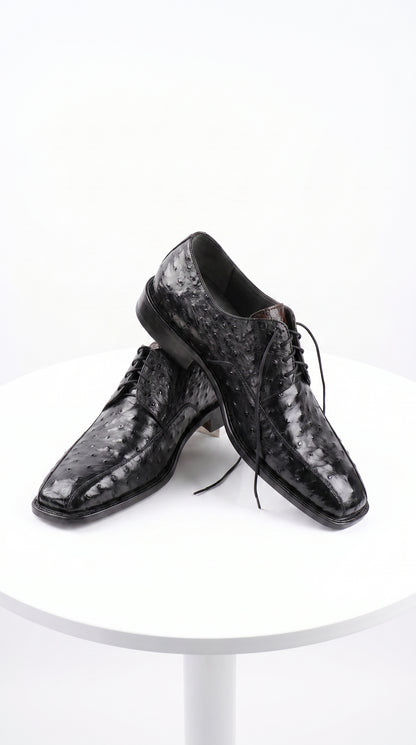 Men’s Los Altos Black Full Quill Ostrich Lace-Up Dress Shoes, Bicycle Toe Formal Shoes