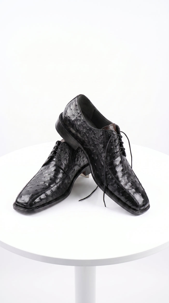Men’s Los Altos Black Full Quill Ostrich Lace-Up Dress Shoes, Bicycle Toe Formal Shoes