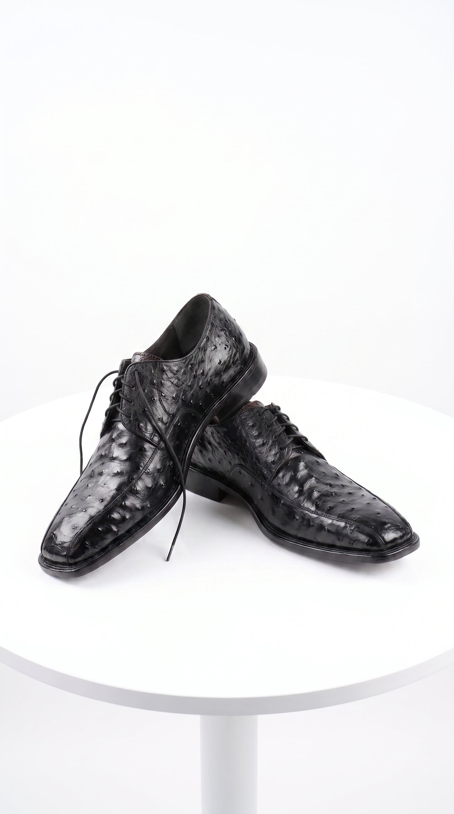 Men’s Los Altos Black Full Quill Ostrich Lace-Up Dress Shoes, Bicycle Toe Formal Shoes