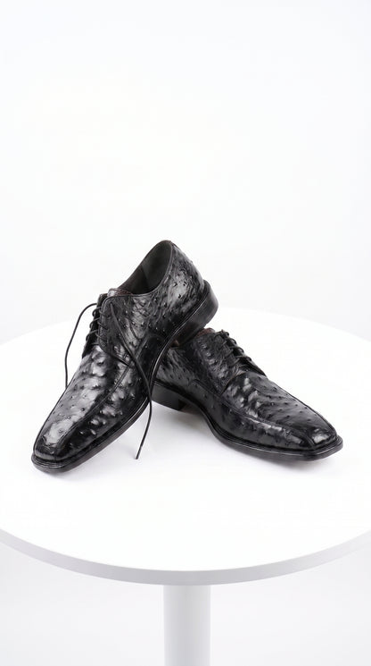 Men’s Los Altos Black Full Quill Ostrich Lace-Up Dress Shoes, Bicycle Toe Formal Shoes