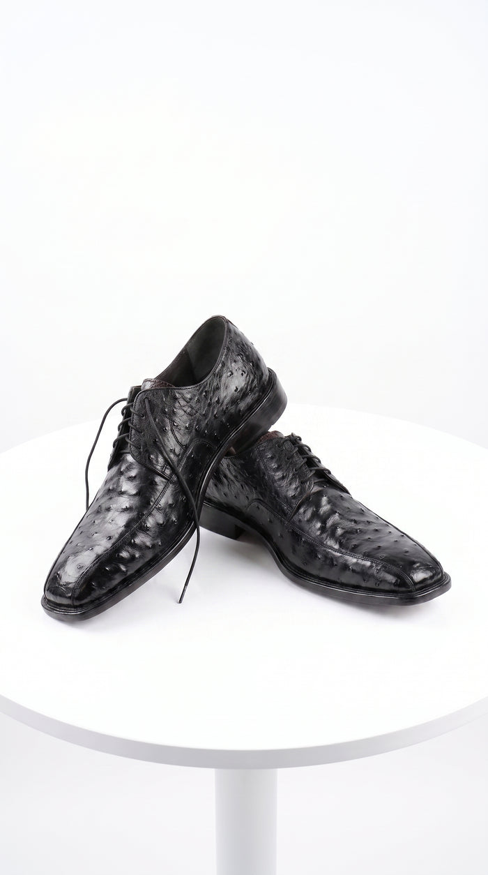 Men’s Los Altos Black Full Quill Ostrich Lace-Up Dress Shoes, Bicycle Toe Formal Shoes