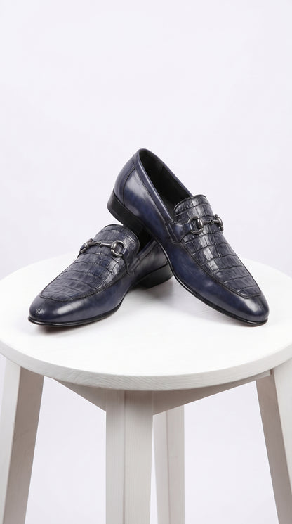 Men’s Navy Genuine Crocodile and Calfskin Leather Slip-On Dress Shoes, Exotic Bit Loafers