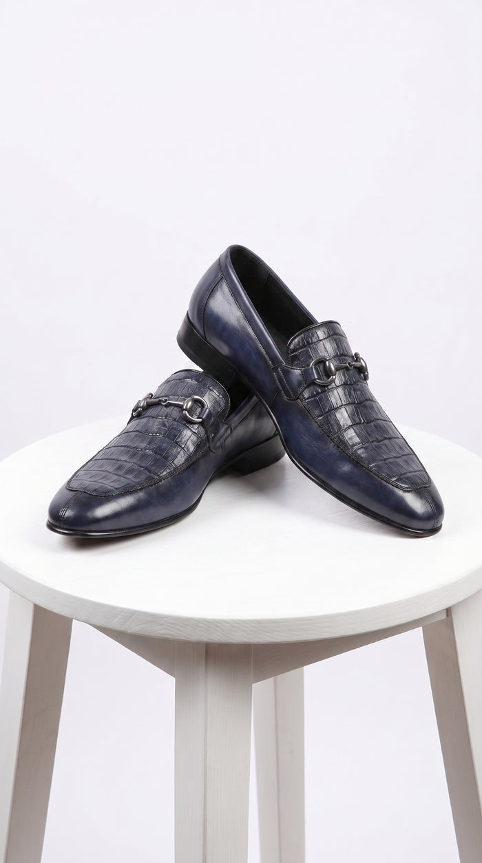 Men’s Navy Genuine Crocodile and Calfskin Leather Slip-On Dress Shoes, Exotic Bit Loafers