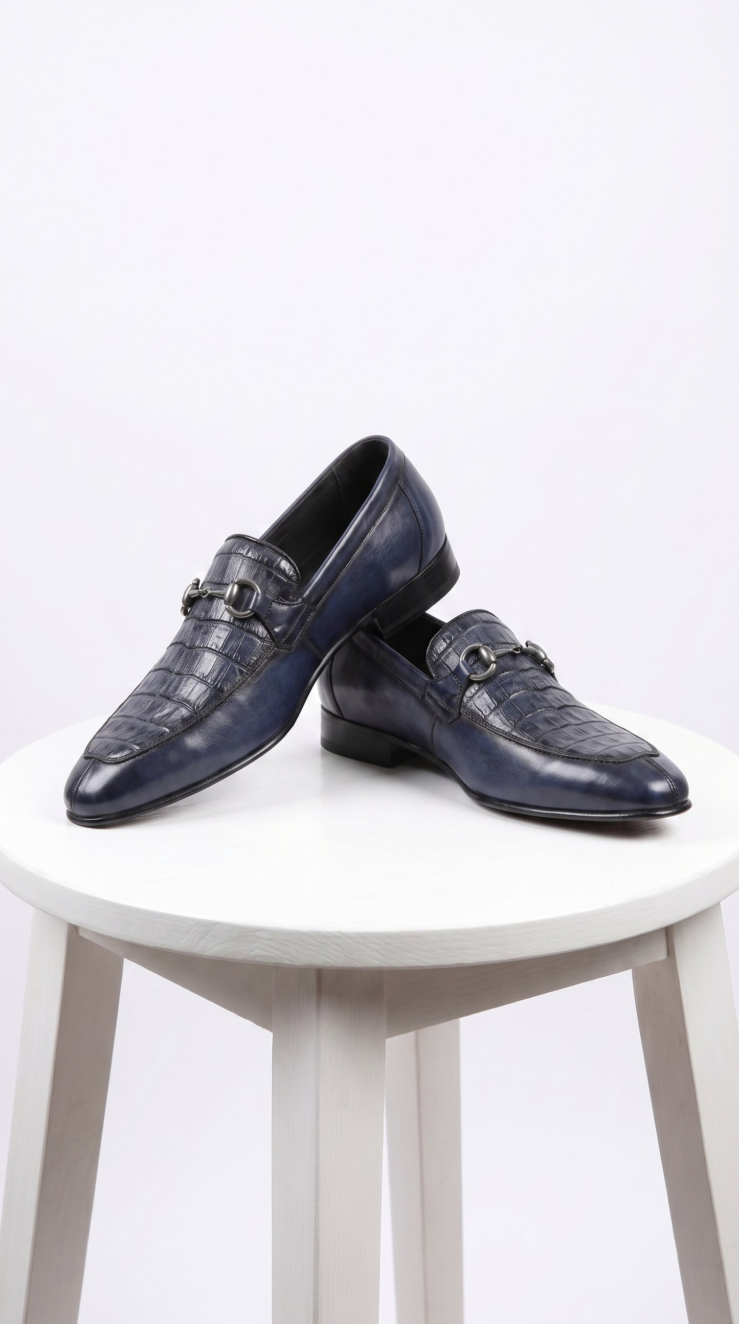 Men’s Navy Genuine Crocodile and Calfskin Leather Slip-On Dress Shoes, Exotic Bit Loafers
