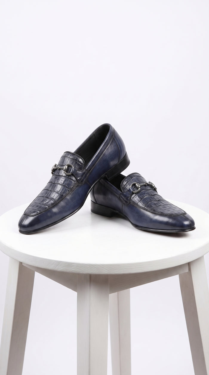 Men’s Navy Genuine Crocodile and Calfskin Leather Slip-On Dress Shoes, Exotic Bit Loafers