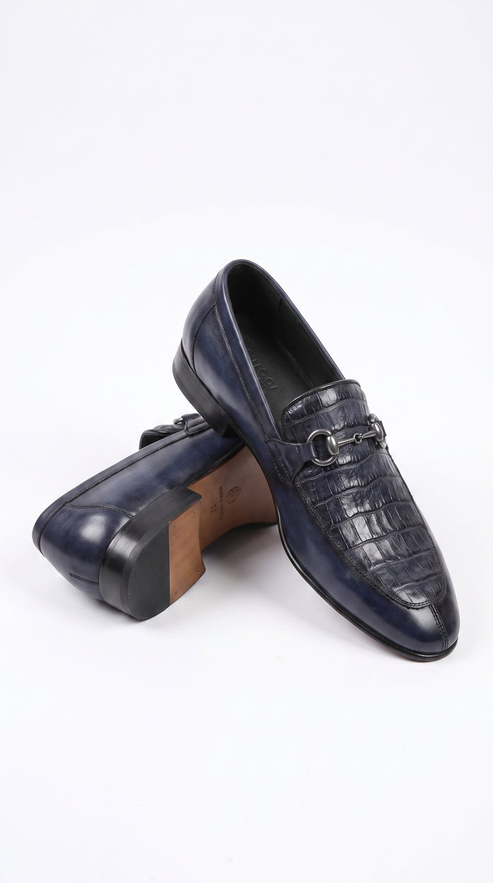 Men’s Navy Genuine Crocodile and Calfskin Leather Slip-On Dress Shoes, Exotic Bit Loafers
