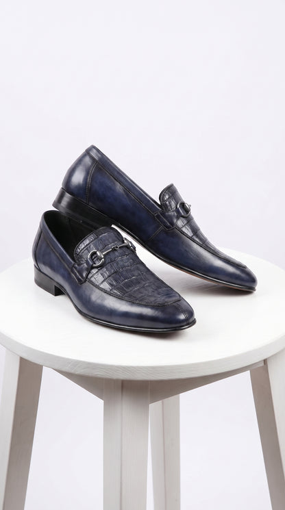 Men’s Navy Genuine Crocodile and Calfskin Leather Slip-On Dress Shoes, Exotic Bit Loafers