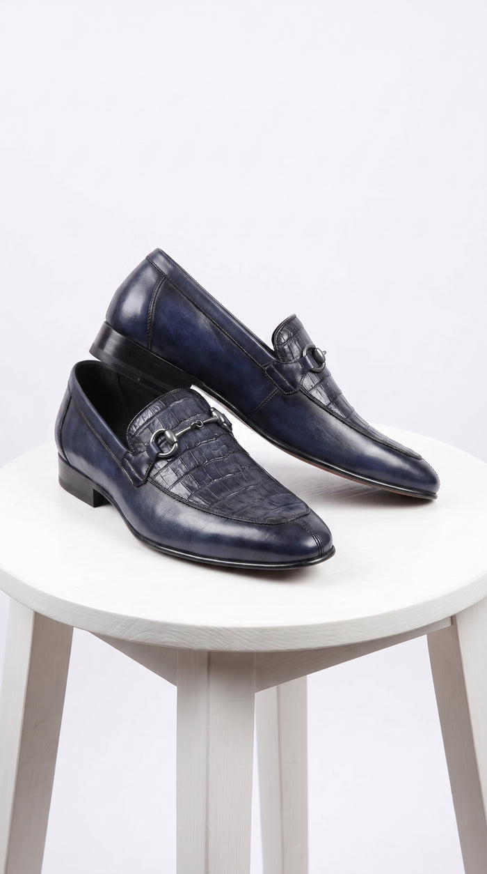 Men’s Navy Genuine Crocodile and Calfskin Leather Slip-On Dress Shoes, Exotic Bit Loafers