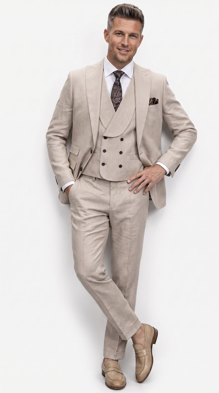 Statement Men’s Tan Wool Suit with Double Breasted Vest, Single Button Big Lapel Formal Dress Suit