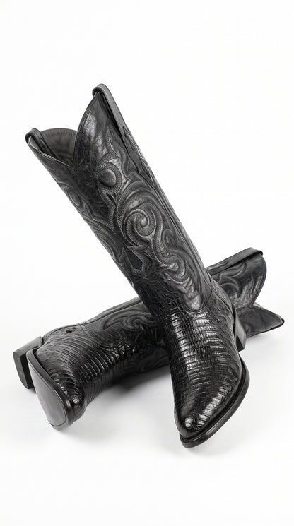 Men’s Black Armadillo Lizard Western Boots, Original Puntal Toe Cowboy Dress Boots