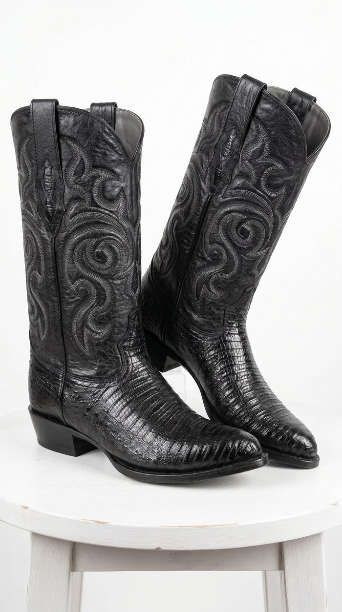 Men’s Black Armadillo Lizard Western Boots, Original Puntal Toe Cowboy Dress Boots
