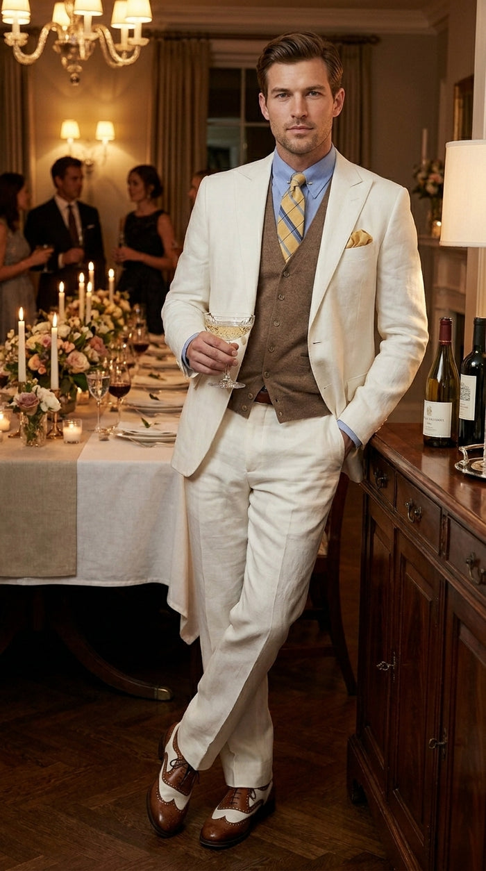 Men’s Ivory Great Gatsby Vested Suit with Brown Vest, Peak Lapel Vintage Wedding Suit