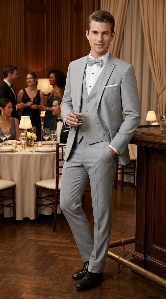 Men’s Light Grey Marseille 1 Button Peak Lapel Tuxedo with Satin Trim, Designer Wedding Suit