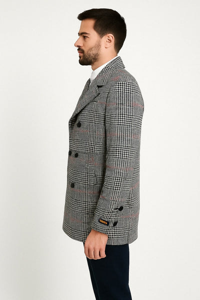 Mens Double-Breasted Houndstooth Plaid Overcoat in Black, White, and Red 2   - from alligatorwarehouse.com