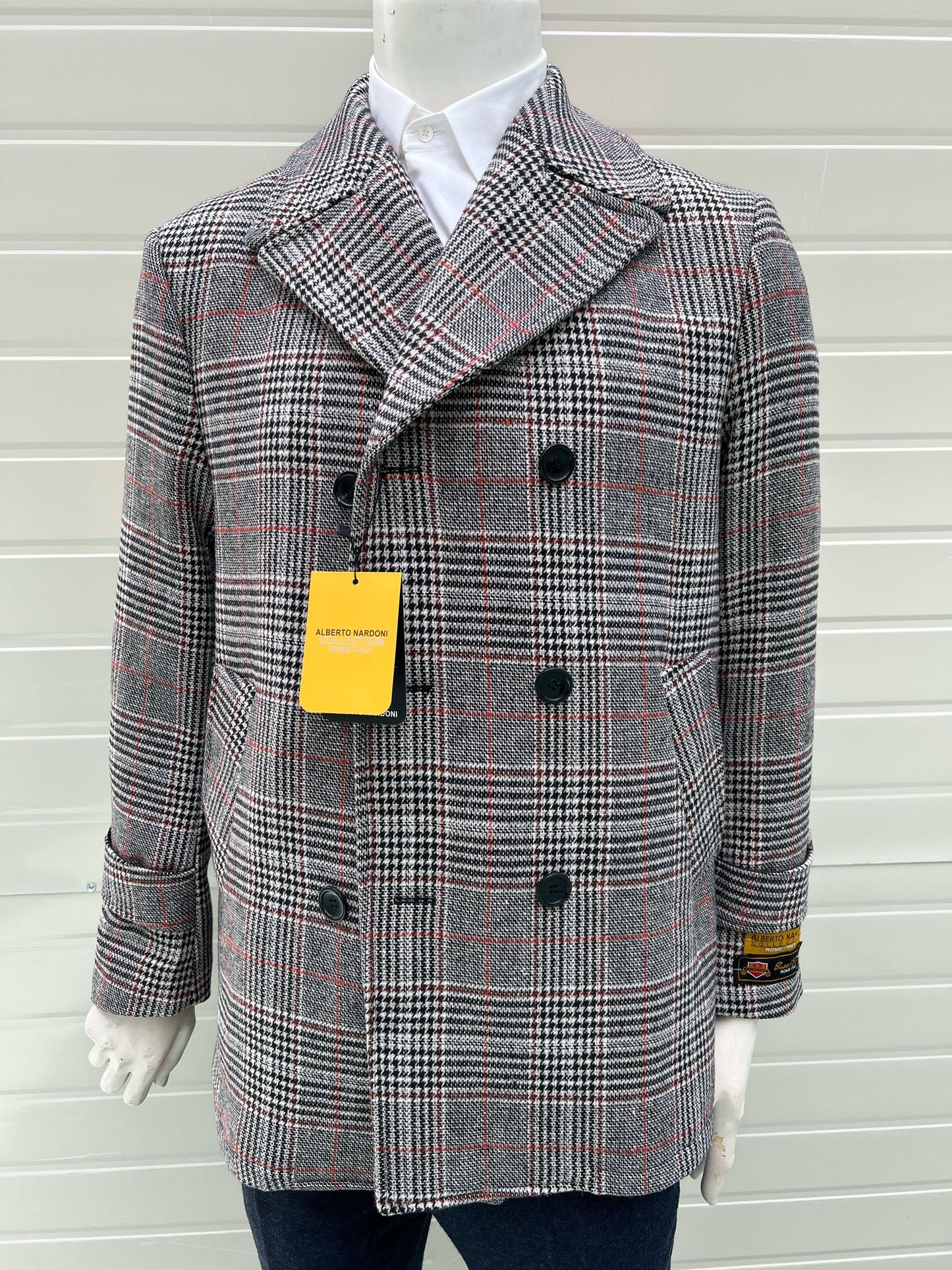 Mens Double-Breasted Houndstooth Plaid Overcoat in Black, White, and Red