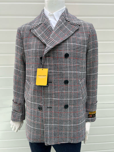 Mens Double-Breasted Houndstooth Plaid Overcoat in Black, White, and Red 4   - from alligatorwarehouse.com