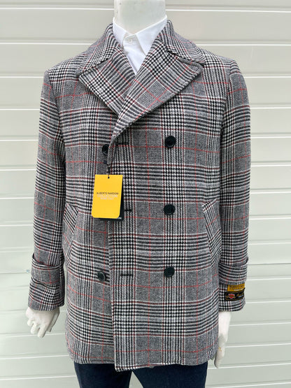 Mens Double-Breasted Houndstooth Plaid Overcoat in Black, White, and Red