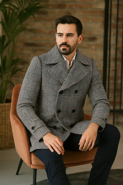 Mens Double-Breasted Houndstooth Plaid Overcoat in Black, White, and Red 3   - from alligatorwarehouse.com