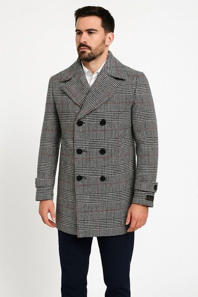 Mens Double-Breasted Houndstooth Plaid Overcoat in Black, White, and Red 1   - from alligatorwarehouse.com