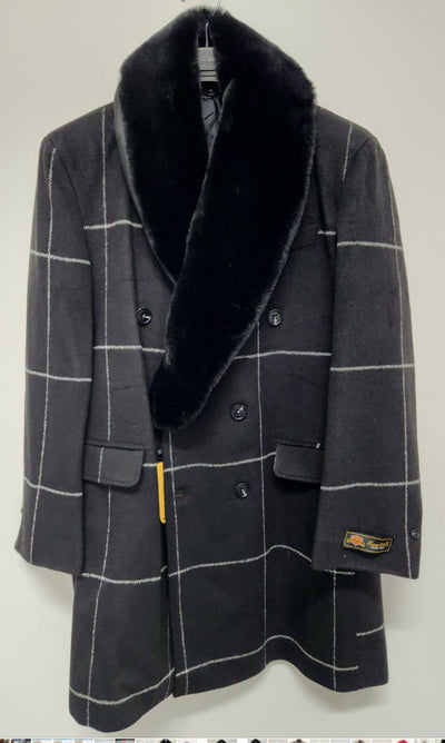 Mens Black Windowpane Wool Overcoat with Faux Fur Shawl Collar – Double-Breasted Long Coat 3   - from alligatorwarehouse.com