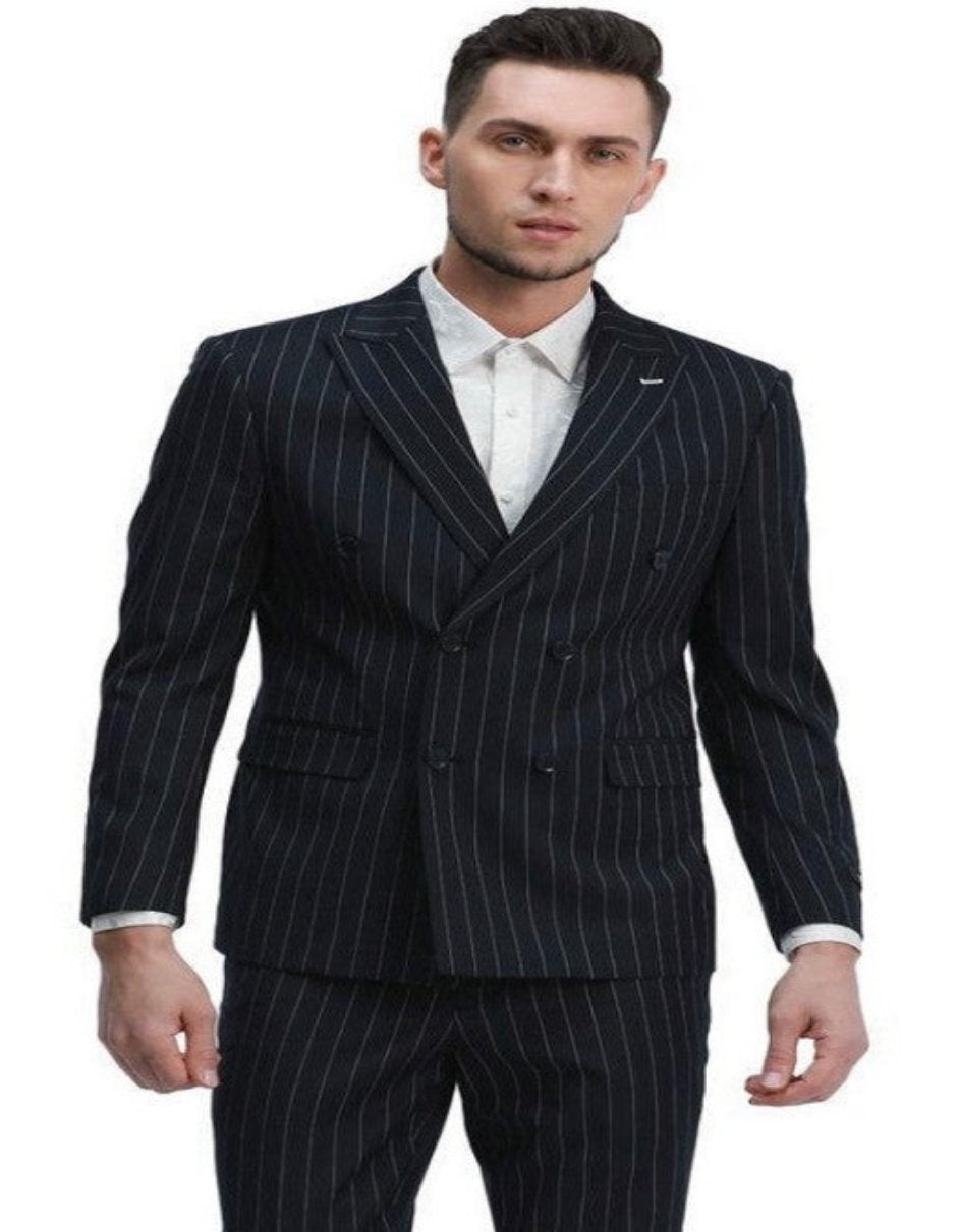 Mens Skinny Fit Double Breasted Pinstripe Suit Navy Peak Lapel Slim Fit 1   - from alligatorwarehouse.com