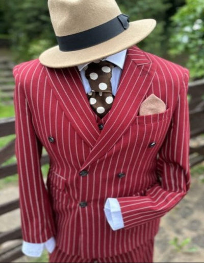 Mens Double Breasted Red and White Pinstripe Six Button Suit 1   - from alligatorwarehouse.com