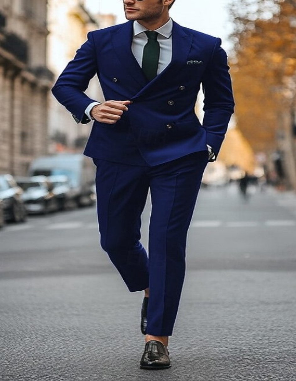 Slim Fit Double Breasted Suit Gold Buttons - Blue Suit - Designer Wool Suits 1   - from alligatorwarehouse.com
