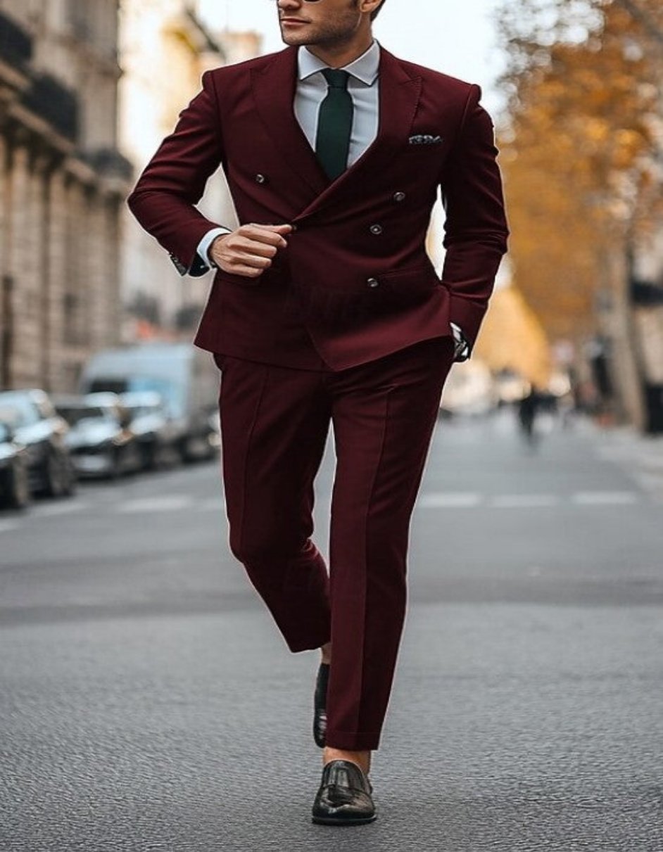 Slim Fit Double Breasted Suit Gold Buttons - Burgundy Suit - Designer Wool Suits 1   - from alligatorwarehouse.com