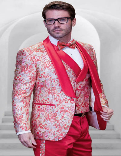 Men's One Button Paisley Wedding Tuxedo with Double Breasted Vest in Coral Orange 1   - from alligatorwarehouse.com