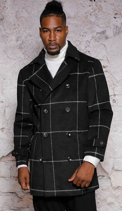 Mens Black Windowpane Check Wool Overcoat – Double-Breasted Winter Peacoat 4   - from alligatorwarehouse.com
