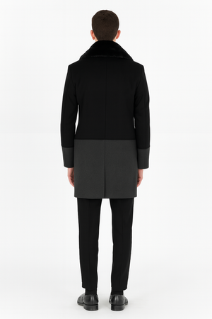 Men’s Double-Breasted Wool Overcoat with Faux Fur Shawl Collar – Classic Winter Dress Coat in Half Black and Charcoal