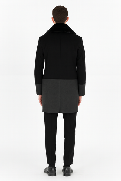 Men’s Double-Breasted Wool Overcoat with Faux Fur Shawl Collar – Classic Winter Dress Coat in Half Black and Charcoal 2   - from alligatorwarehouse.com