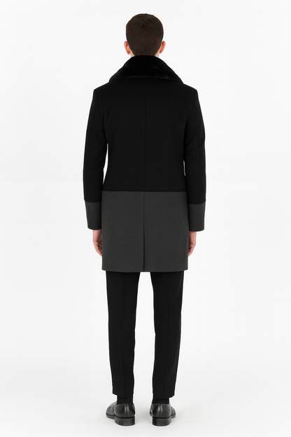 Men’s Double-Breasted Wool Overcoat with Faux Fur Shawl Collar – Classic Winter Dress Coat in Half Black and Charcoal