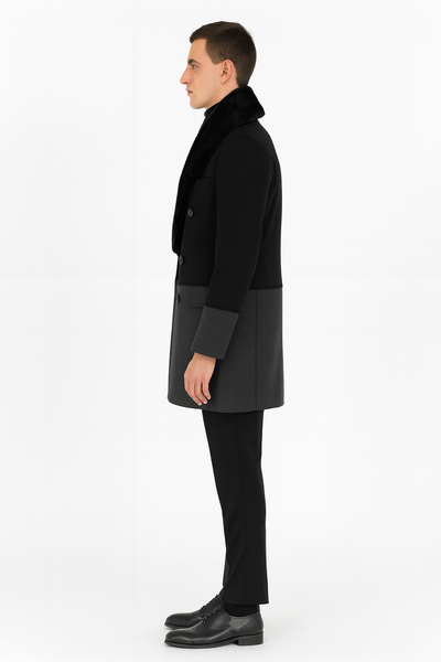 Men’s Double-Breasted Wool Overcoat with Faux Fur Shawl Collar – Classic Winter Dress Coat in Half Black and Charcoal 3   - from alligatorwarehouse.com