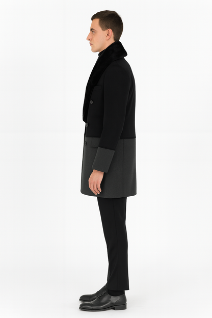 Men’s Double-Breasted Wool Overcoat with Faux Fur Shawl Collar – Classic Winter Dress Coat in Half Black and Charcoal