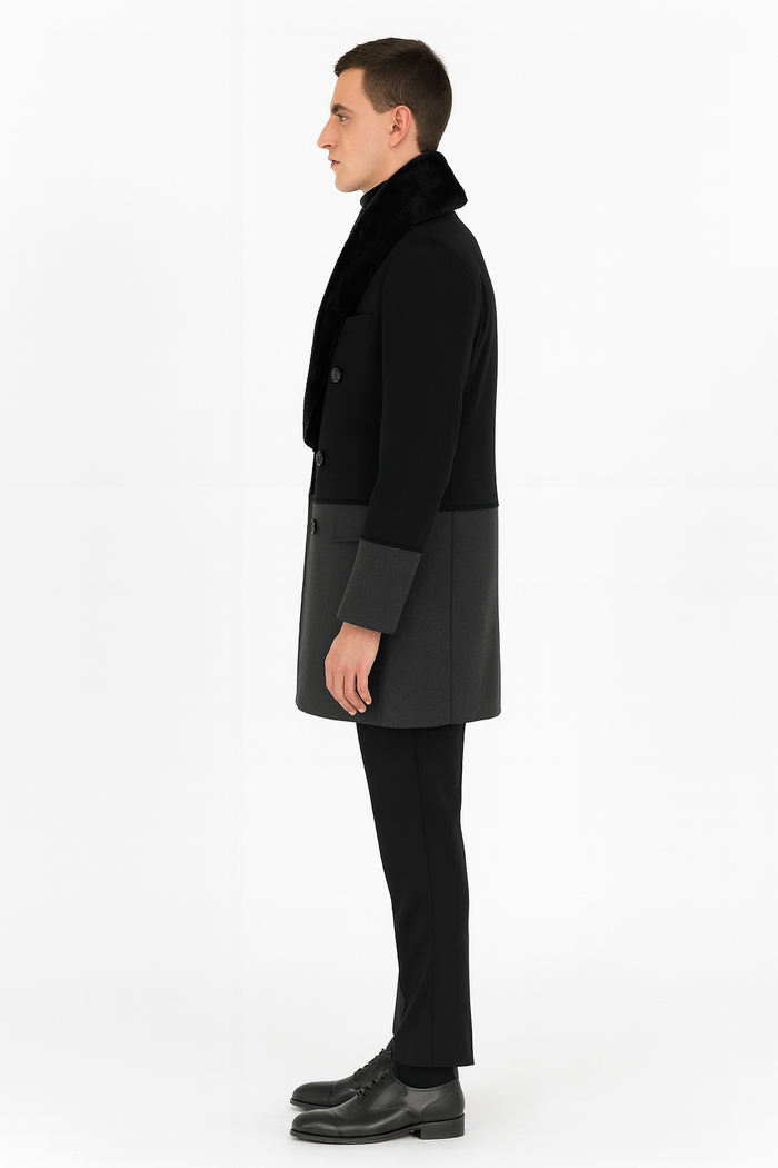 Men’s Double-Breasted Wool Overcoat with Faux Fur Shawl Collar – Classic Winter Dress Coat in Half Black and Charcoal