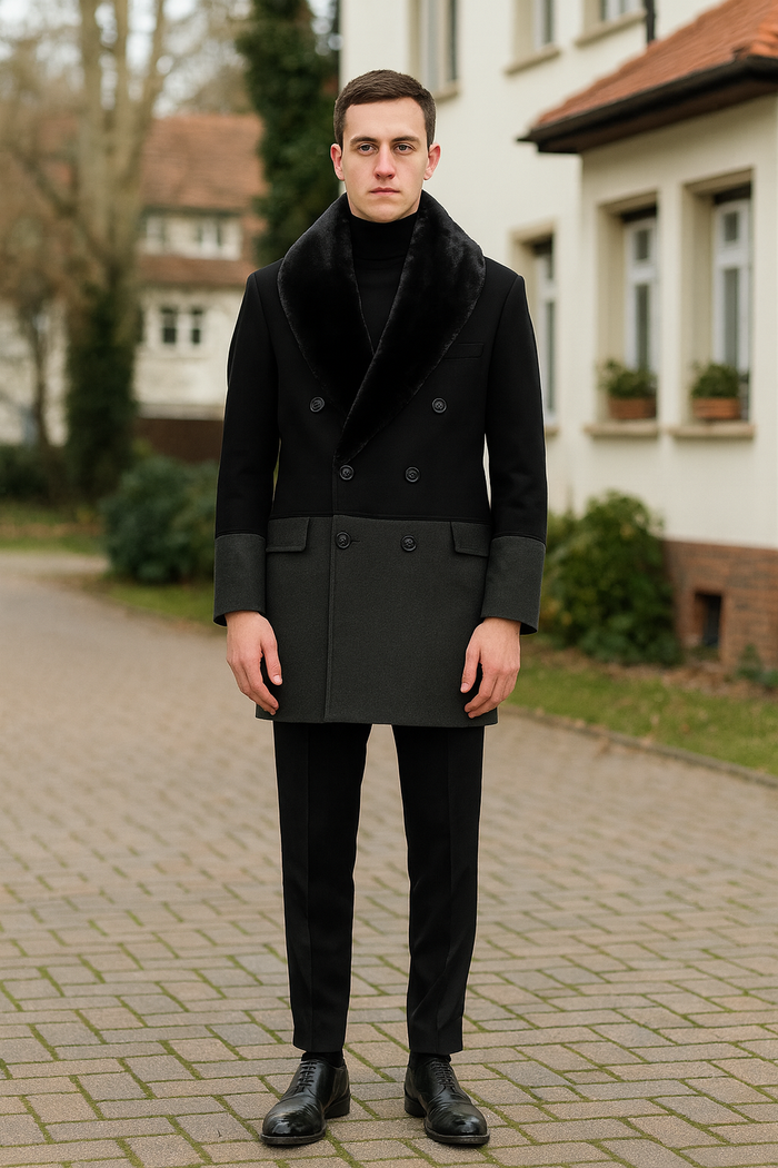 Men’s Double-Breasted Wool Overcoat with Faux Fur Shawl Collar – Classic Winter Dress Coat in Half Black and Charcoal