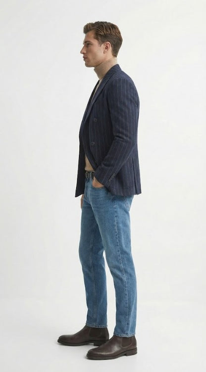 Men’s Double Breasted Navy Blue Pinstripe Blazer – Stripe Sport Coat Jacket