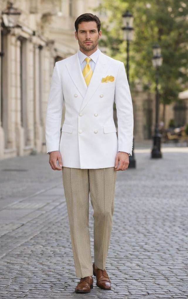 Men’s White Wedding Blazer Jacket – Double Breasted Classic Fit Sport Coat